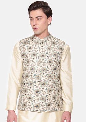 Green Printed Muslin Nehru Jacket For Men