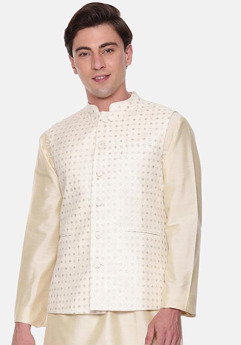 Ivory And Gold Embroidered Nehru Jacket For Men