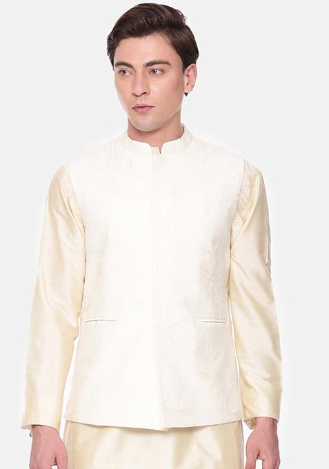 Cream Embroidered Chanderi Nehru Jacket For Men