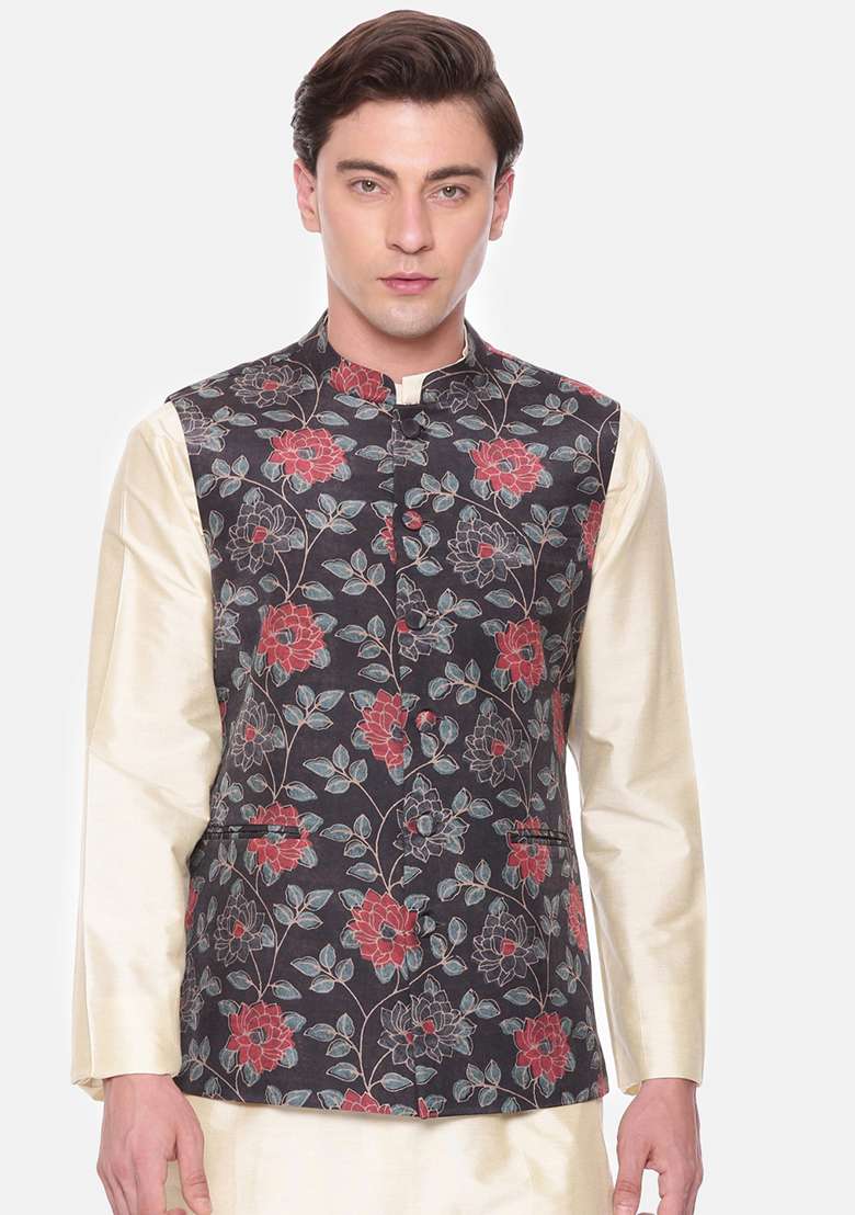 Black And Red Floral Print Muslin Nehru Jacket For Men - Indya