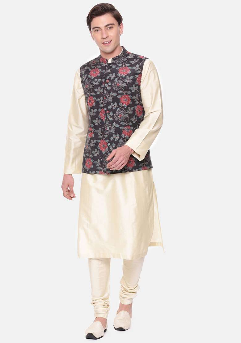 Black And Red Floral Print Muslin Nehru Jacket For Men - Indya