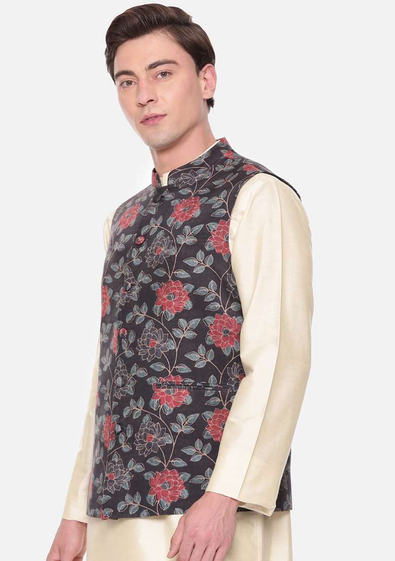 Black And Red Floral Print Muslin Nehru Jacket For Men - Indya