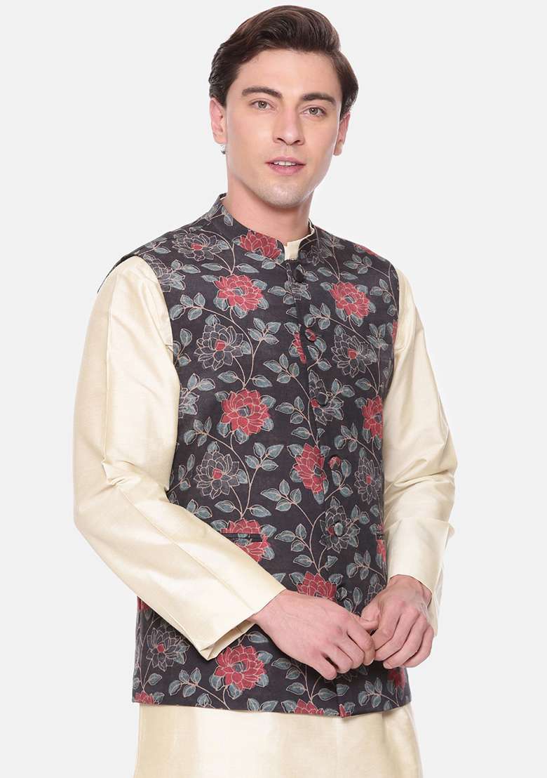 Black And Red Floral Print Muslin Nehru Jacket For Men - Indya