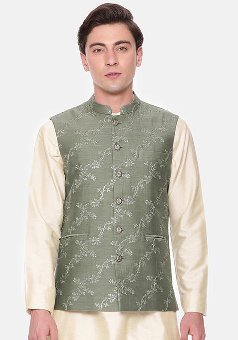 Green Floral Embroidered Chanderi Nehru Jacket For Men