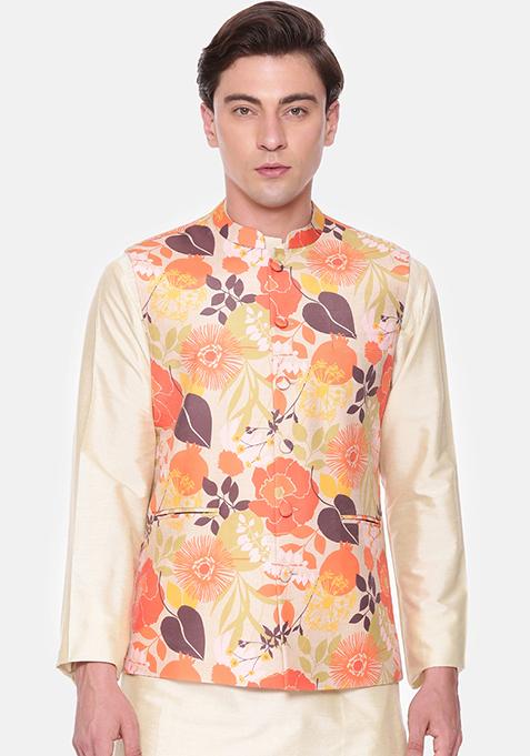 Orange And Beige Floral Print Muslin Nehru Jacket For Men