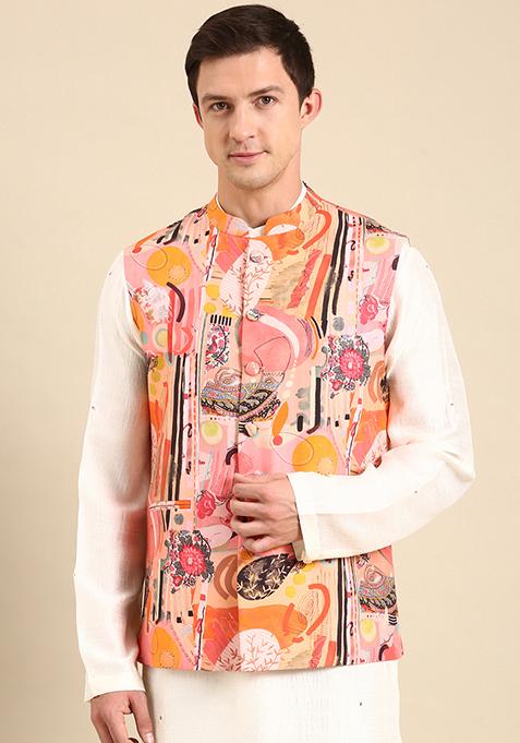 Pink And Orange Digital Print Muslin Nehru Jacket For Men