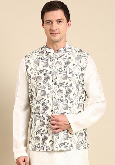 Grey And Cream Digital Print Muslin Nehru Jacket For Men