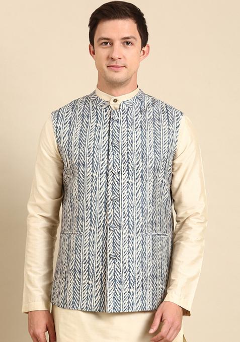 White And Blue Digital Print Muslin Nehru Jacket For Men