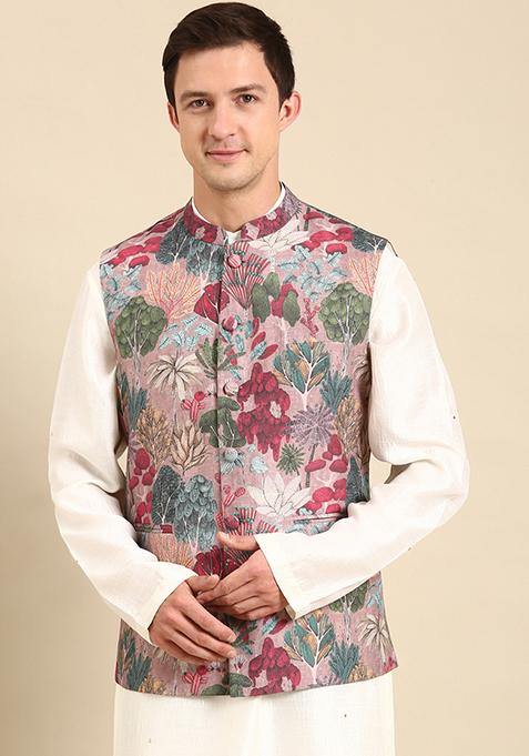 Salmon Pink Floral Print Muslin Nehru Jacket For Men