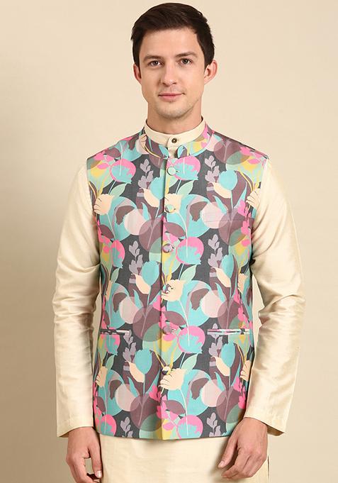 Multicolour Digital Print Muslin Nehru Jacket For Men