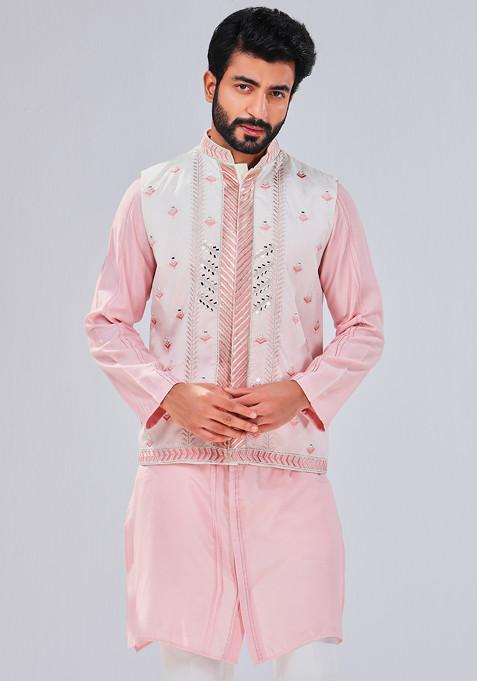 Pastel Pink Embroidered Nehru Jacket For Men