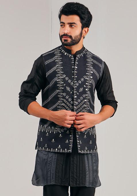 Black Mirror Embroidered Dupion Silk Nehru Jacket For Men