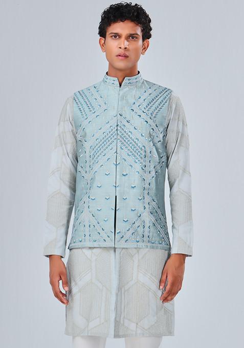 Powder Blue Embroidered Nehru Jacket For Men