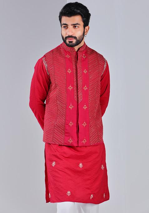 Red Geometric Embroidered Nehru Jacket For Men