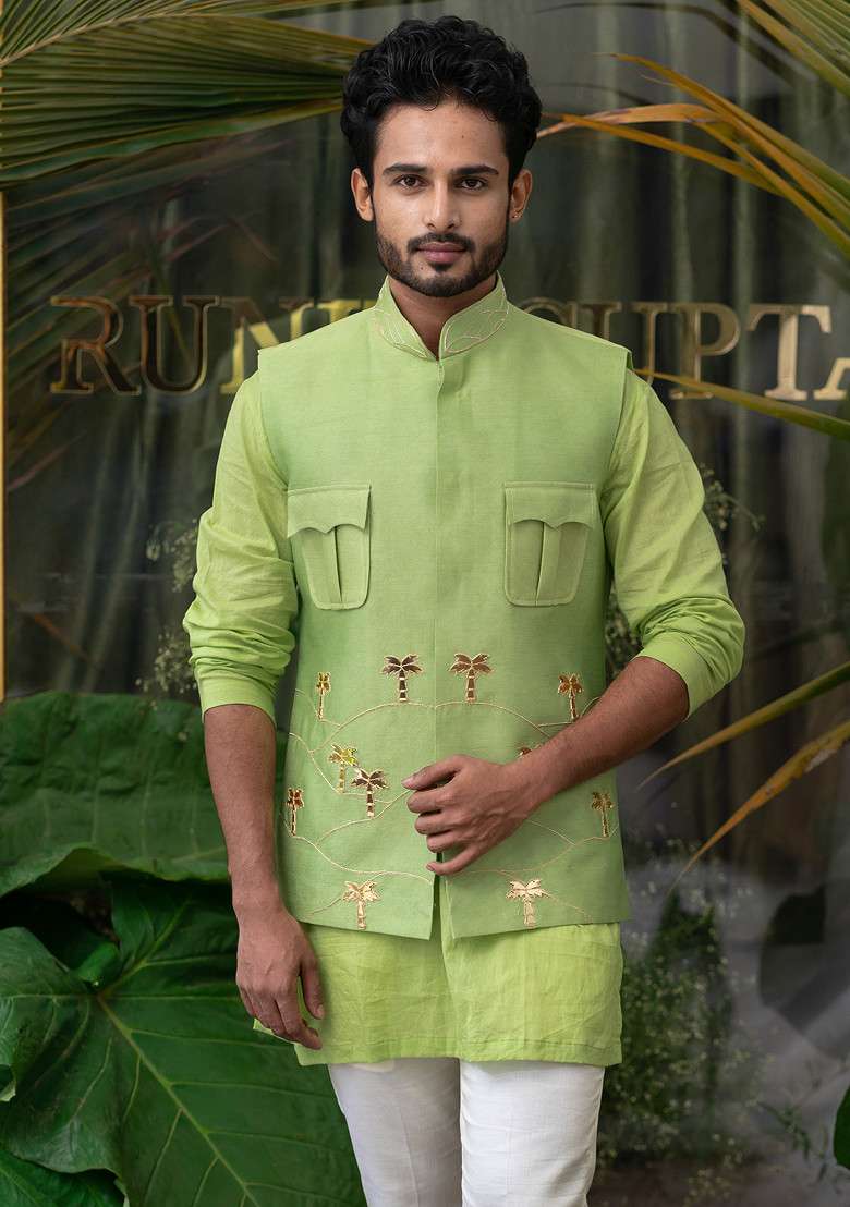 Green Palm Tree Embroidered Bundi Jacket For Men - Indya