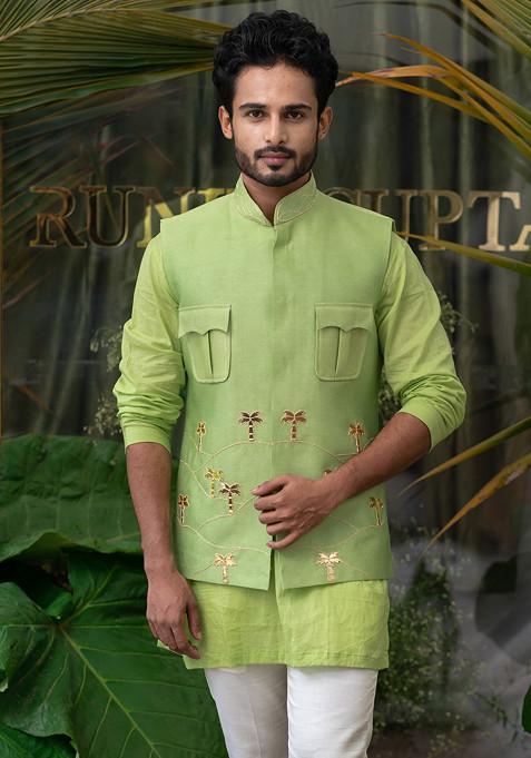 Green Palm Tree Embroidered Bundi Jacket For Men