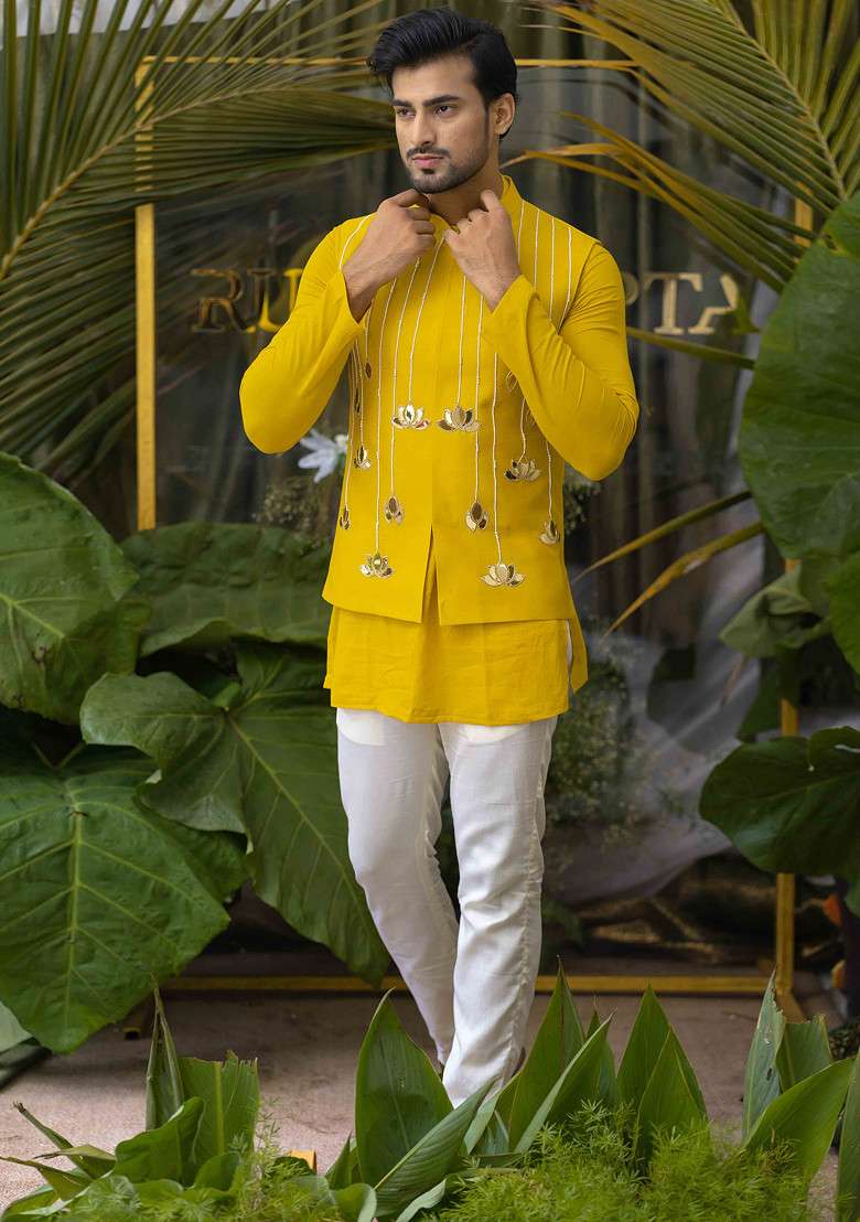 Yellow Hand Embroidered Bundi Jacket For Men - Indya