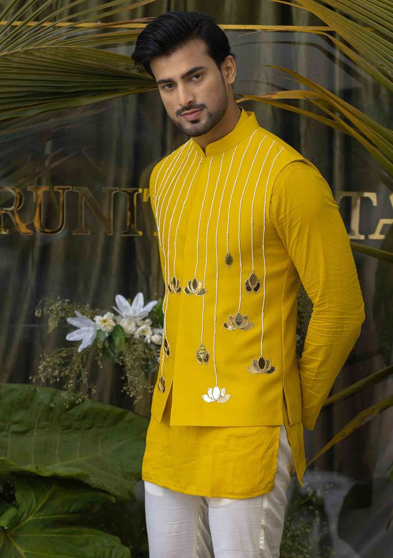 Yellow Hand Embroidered Bundi Jacket For Men - Indya