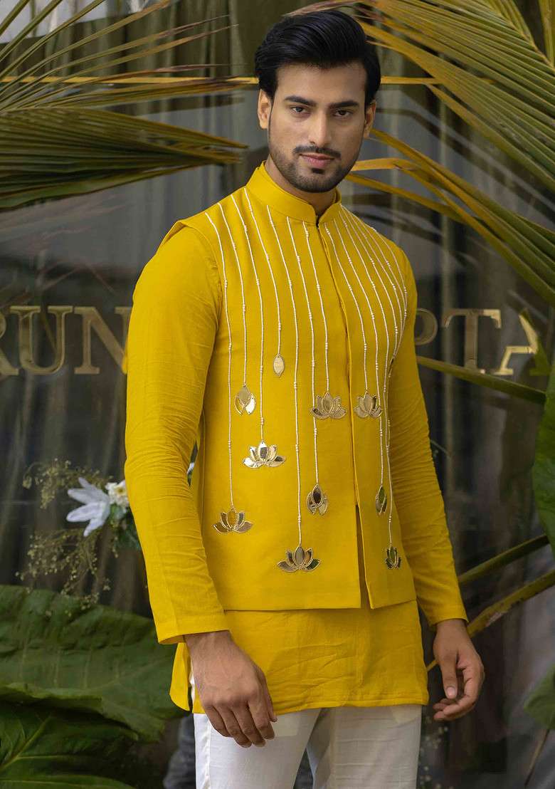 Yellow Hand Embroidered Bundi Jacket For Men - Indya