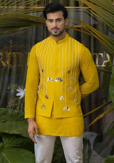 Yellow Hand Embroidered Bundi Jacket For Men