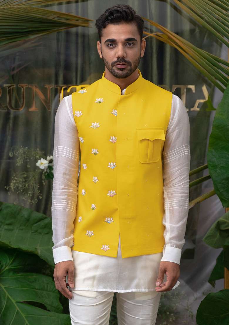 Yellow Patch Pocket Embroidered Bundi Jacket For Men - Indya