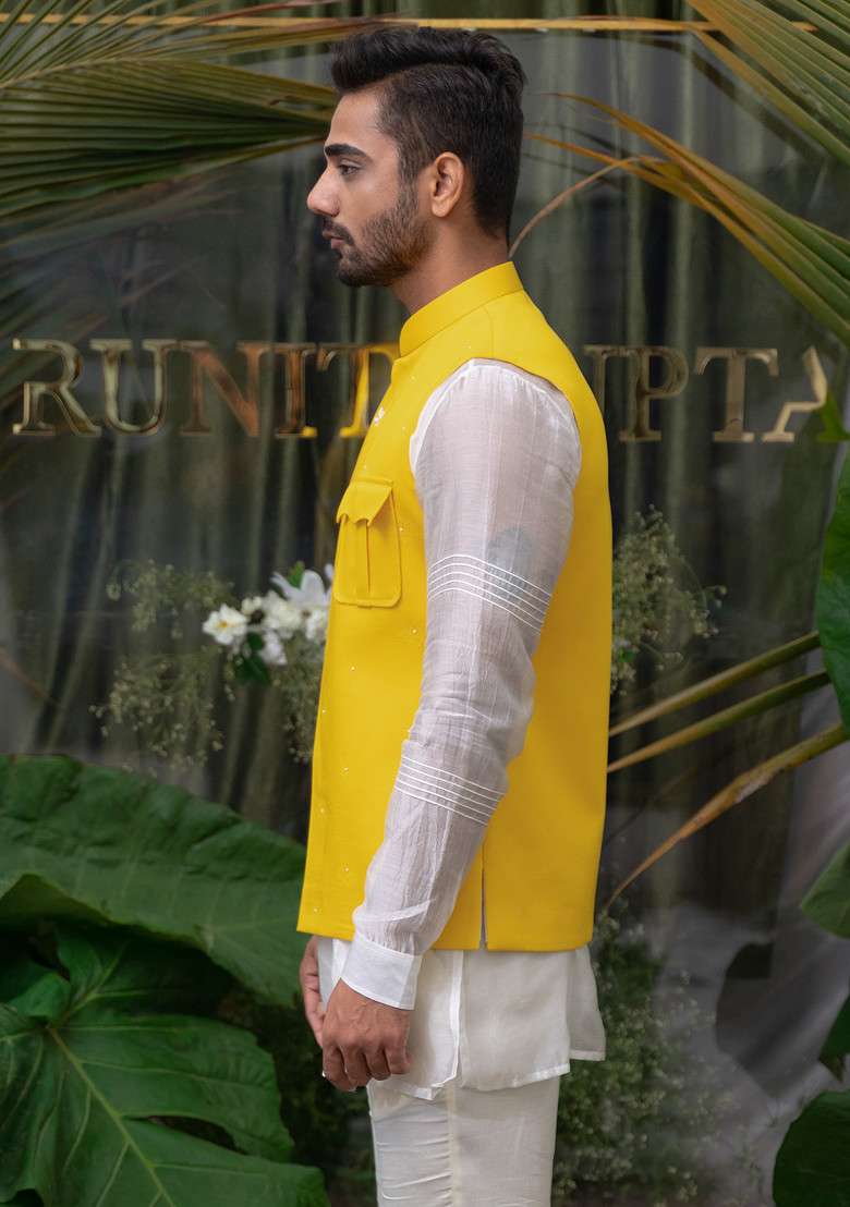 Yellow Patch Pocket Embroidered Bundi Jacket For Men - Indya