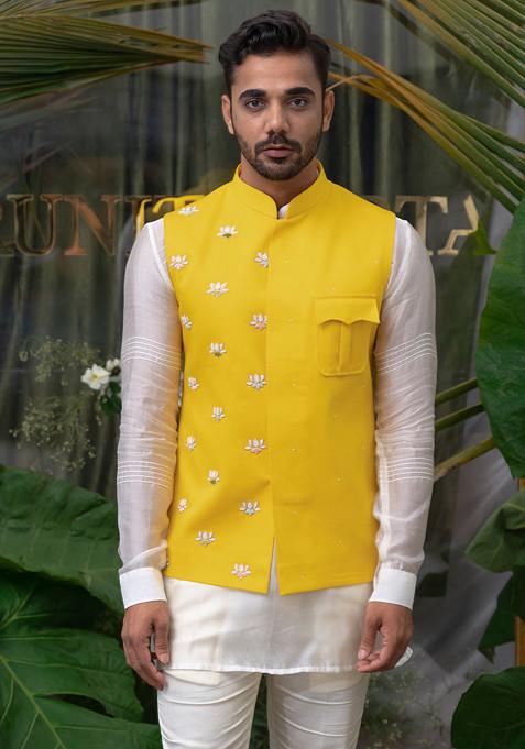 Yellow Patch Pocket Embroidered Bundi Jacket For Men
