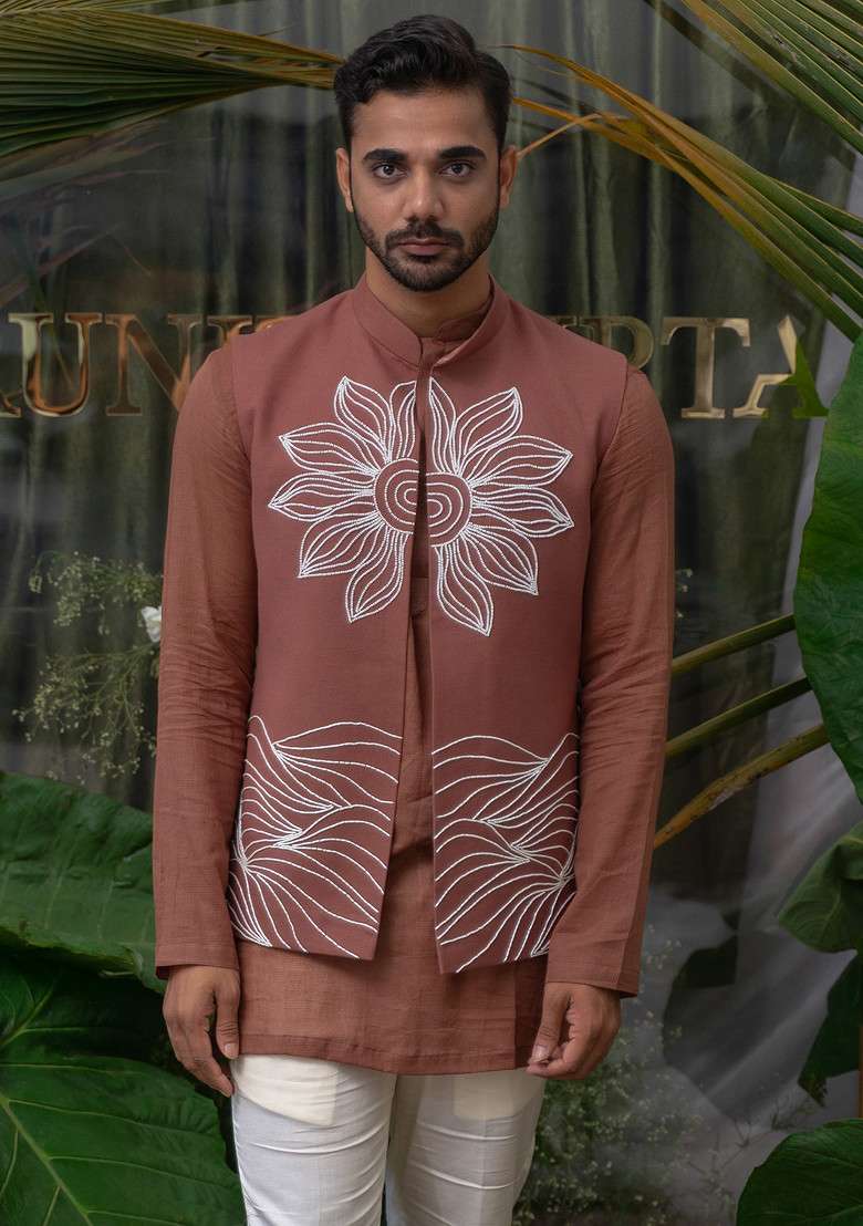 Brown Hand Embroidered Bundi Jacket For Men - Indya