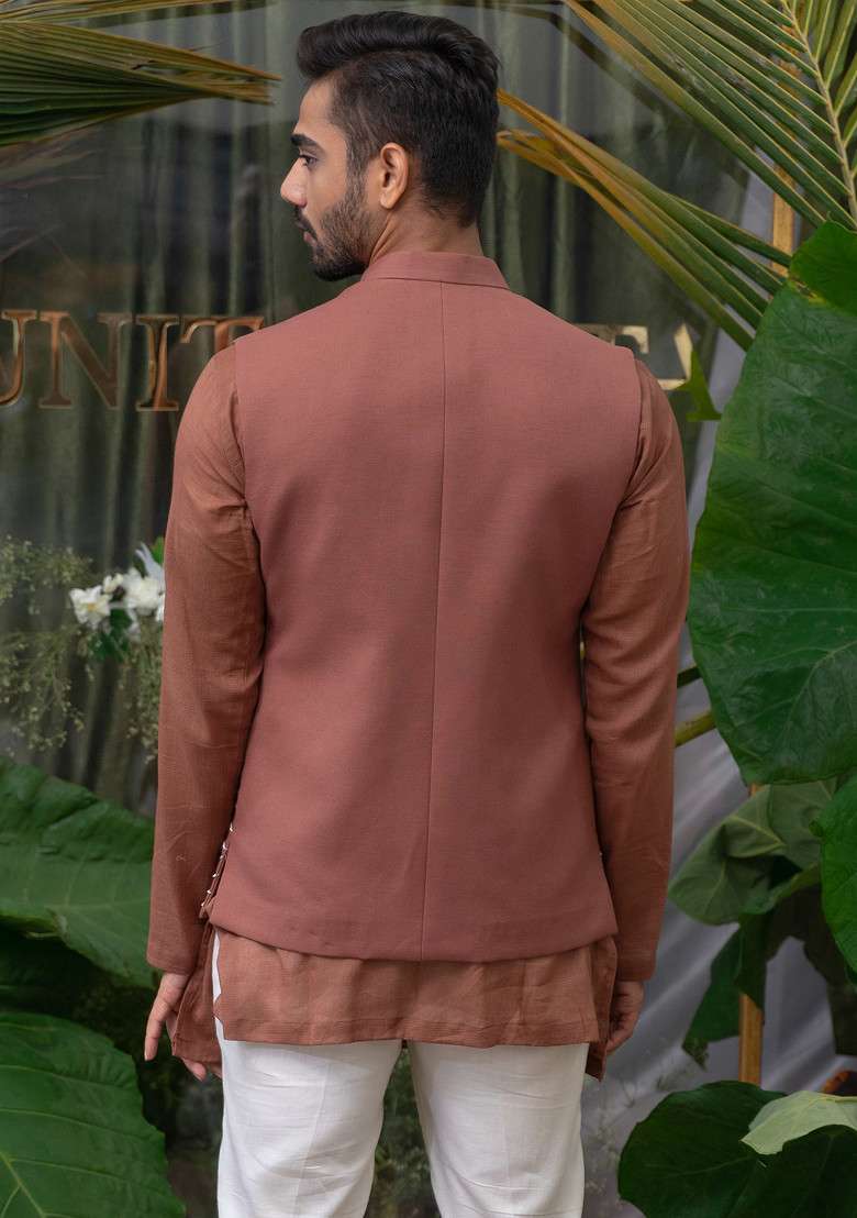 Brown Hand Embroidered Bundi Jacket For Men - Indya