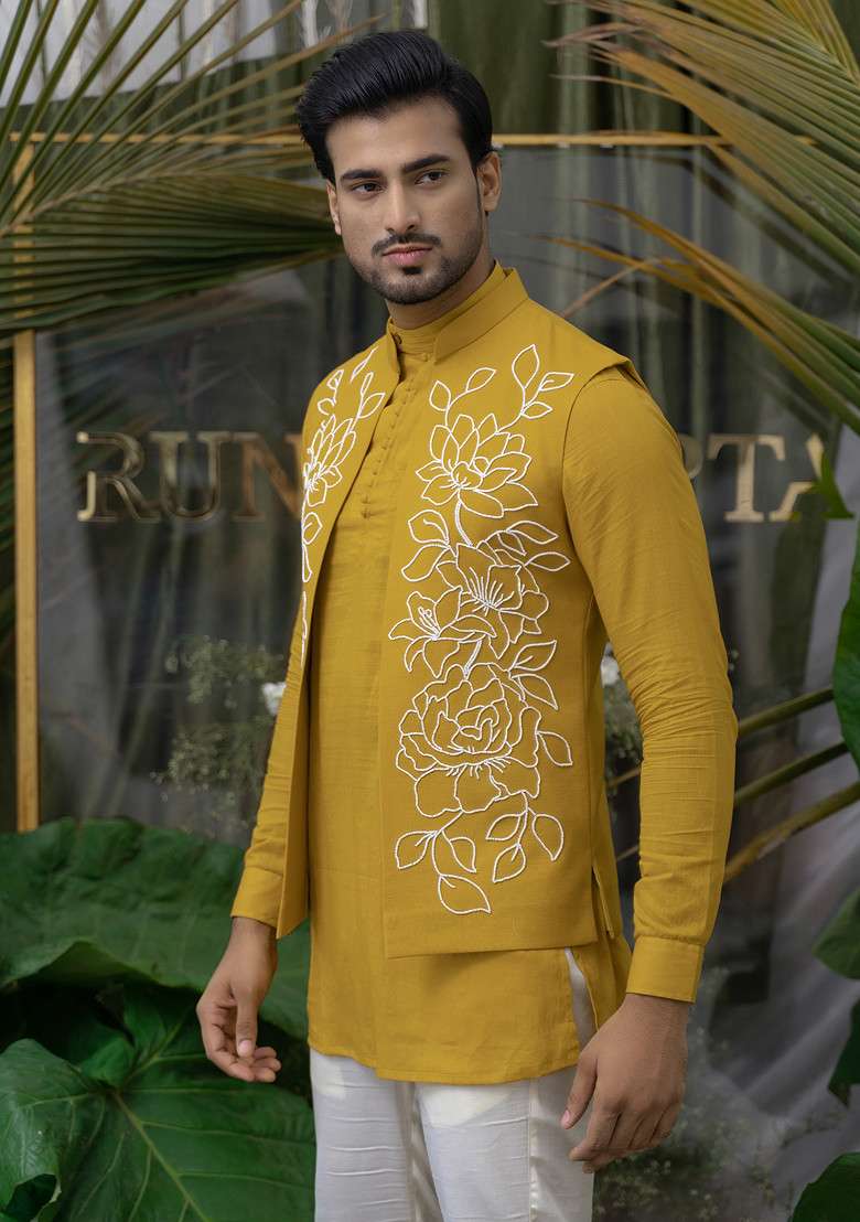Yellow Floral Embroidered Bundi Jacket For Men - Indya