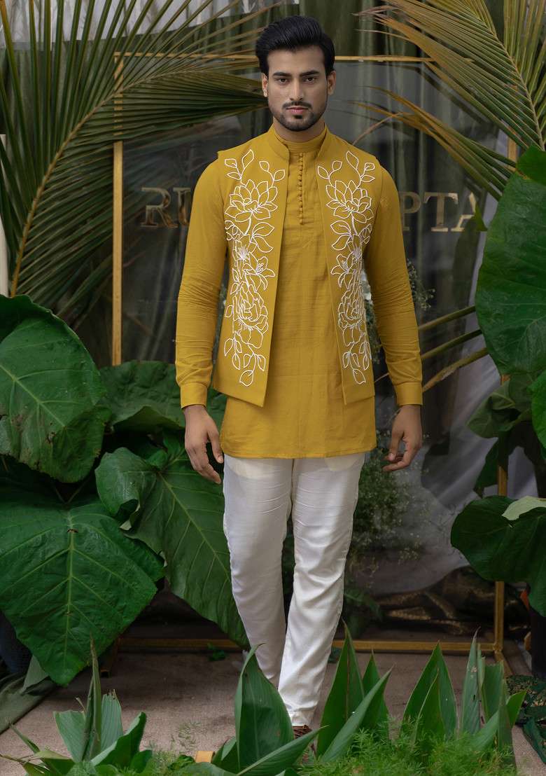 Yellow Floral Embroidered Bundi Jacket For Men - Indya