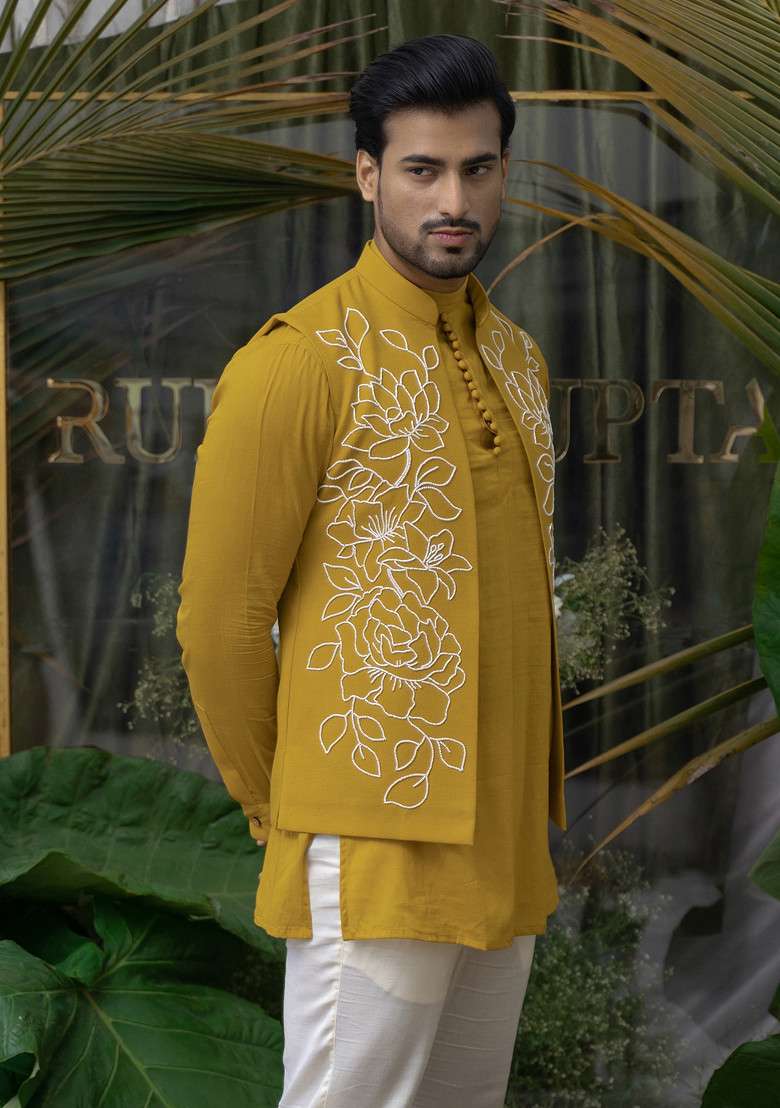Yellow Floral Embroidered Bundi Jacket For Men - Indya