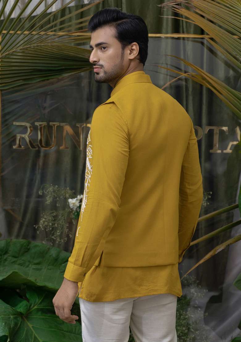 Yellow Floral Embroidered Bundi Jacket For Men - Indya