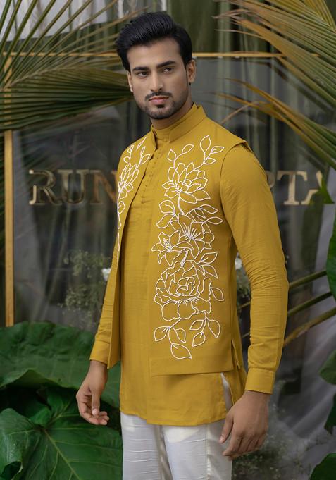 Yellow Floral Embroidered Bundi Jacket For Men