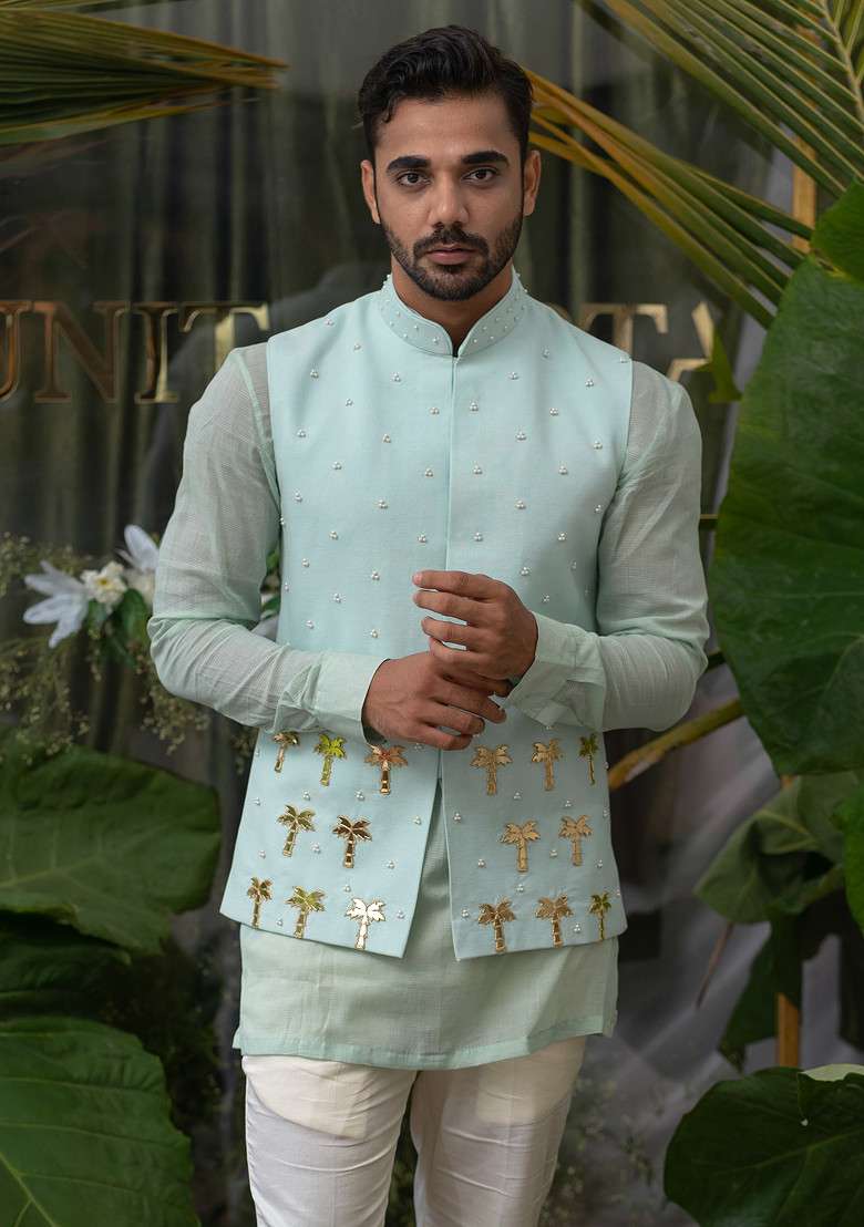Blue Palm Tree Embroidered Bundi Jacket For Men - Indya