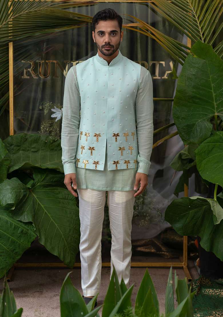 Blue Palm Tree Embroidered Bundi Jacket For Men - Indya