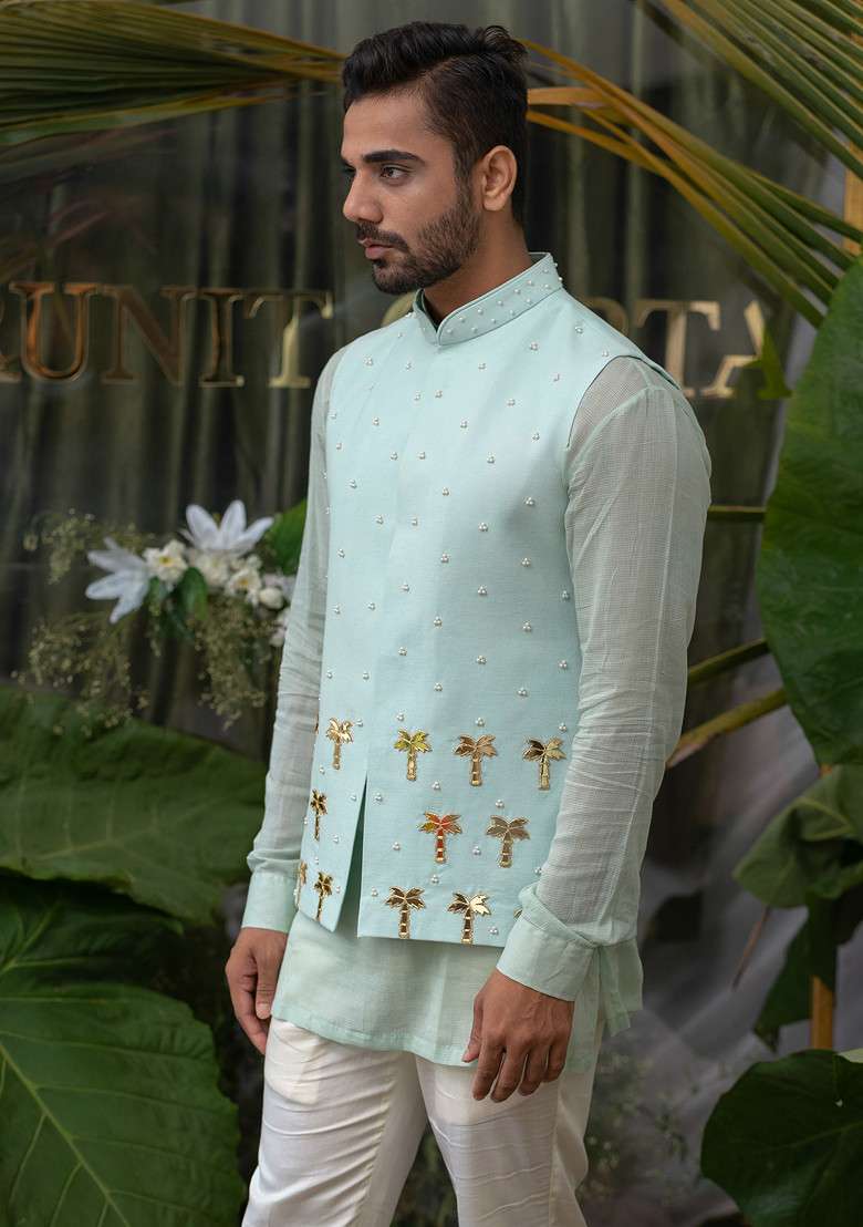 Blue Palm Tree Embroidered Bundi Jacket For Men - Indya
