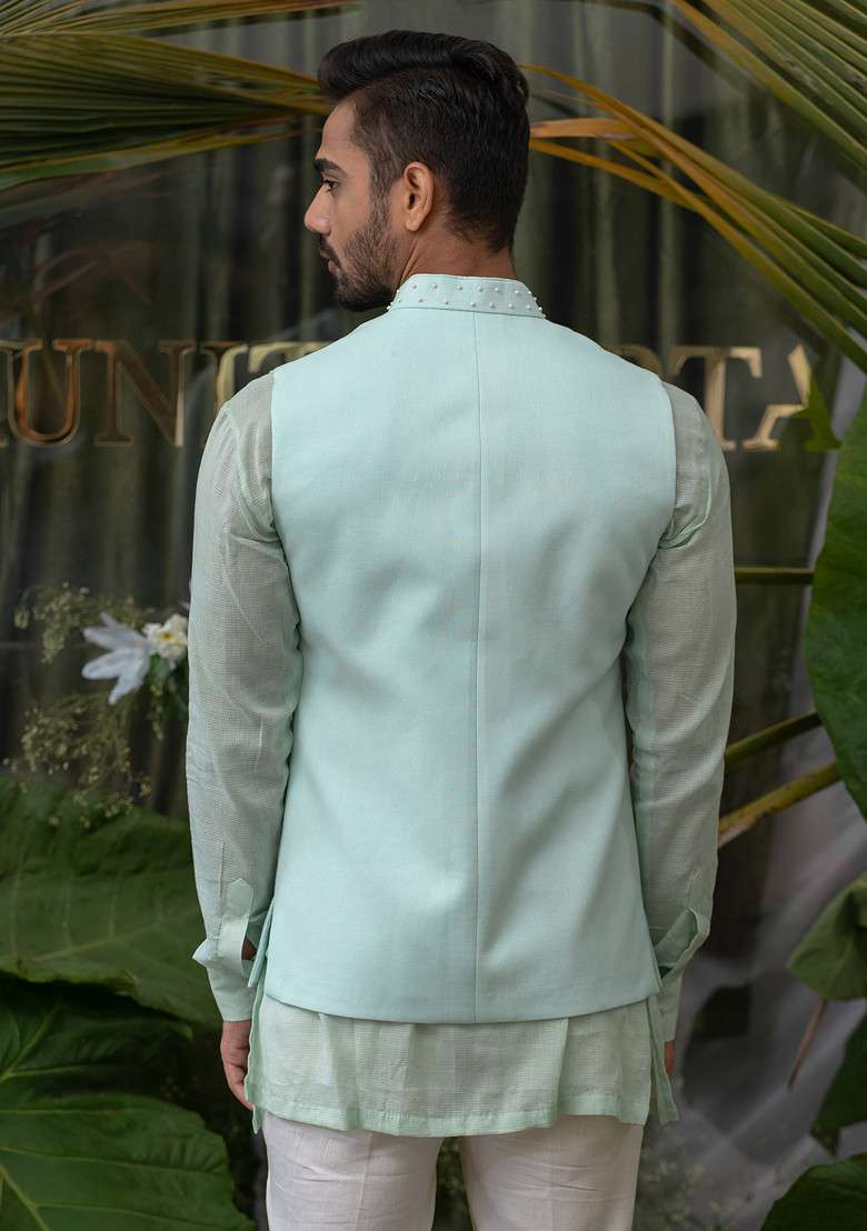 Blue Palm Tree Embroidered Bundi Jacket For Men - Indya