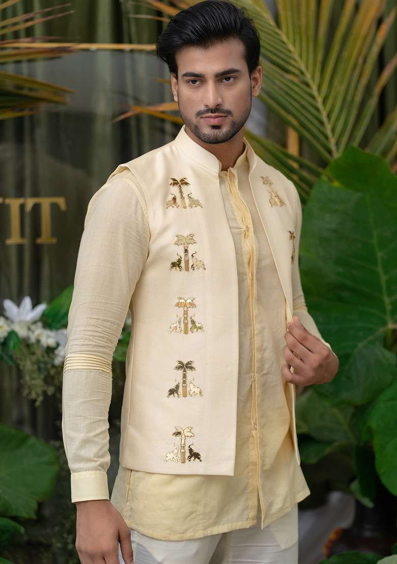 Cream Elephant Embroidered Bundi Jacket For Men - Indya