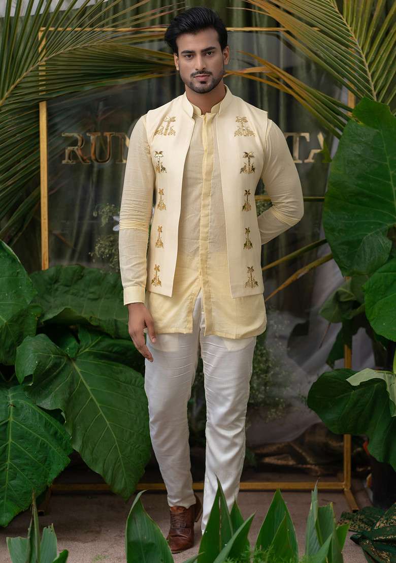 Cream Elephant Embroidered Bundi Jacket For Men - Indya
