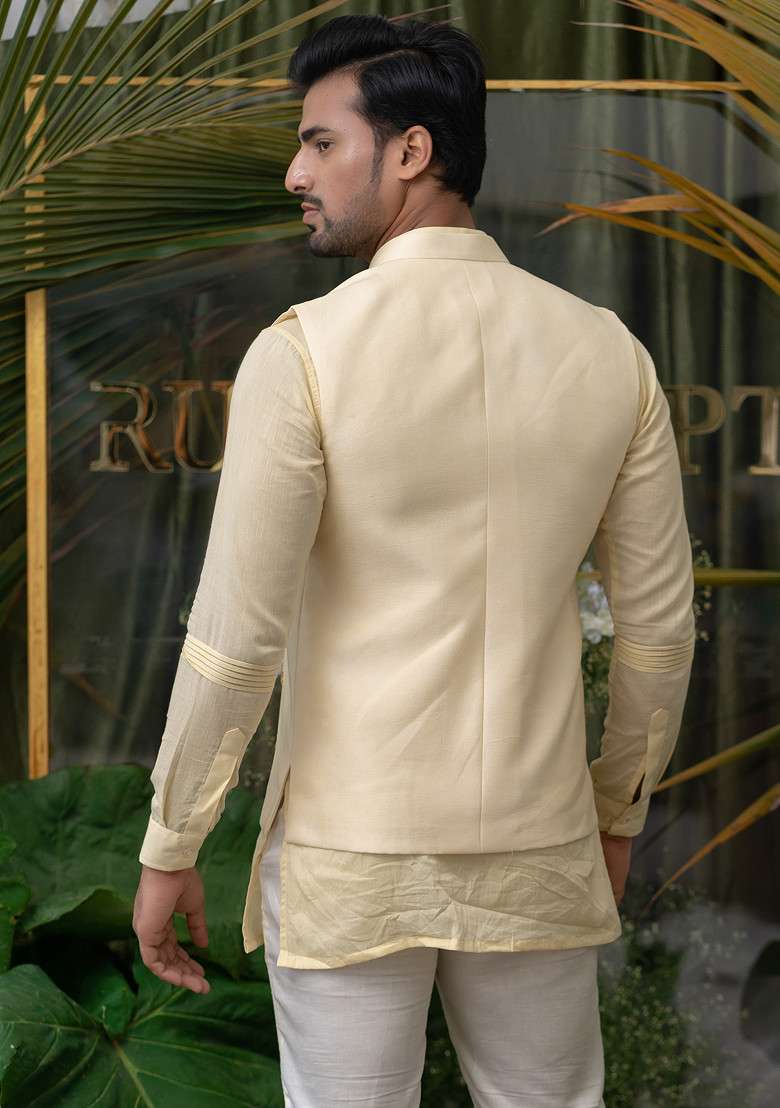 Cream Elephant Embroidered Bundi Jacket For Men - Indya