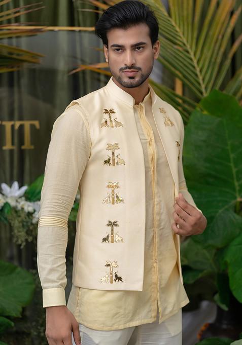 Cream Elephant Embroidered Bundi Jacket For Men