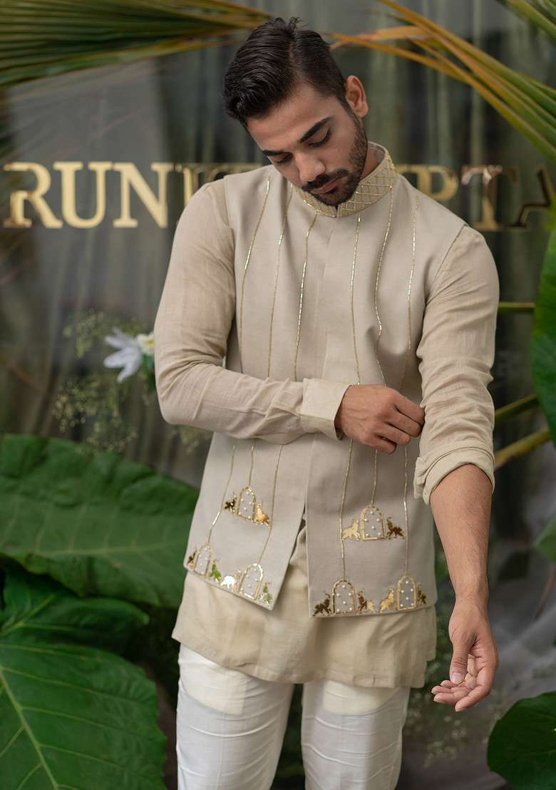 Grey Elephant Embroidered Bundi Jacket For Men - Indya