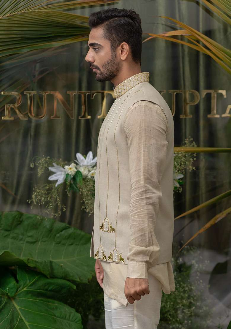 Grey Elephant Embroidered Bundi Jacket For Men - Indya