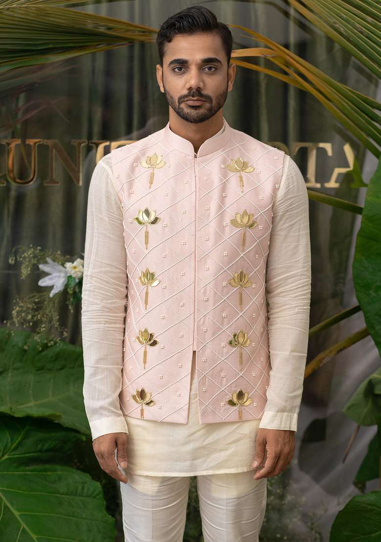 Pink Pearl Embroidered Bundi Jacket For Men - Indya