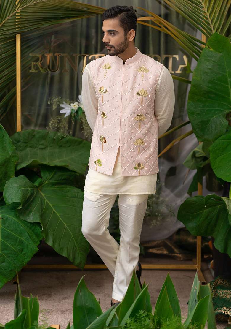 Pink Pearl Embroidered Bundi Jacket For Men - Indya