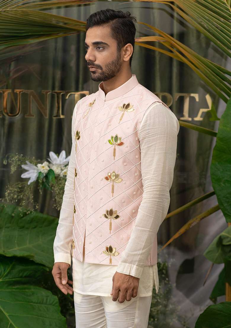 Pink Pearl Embroidered Bundi Jacket For Men - Indya