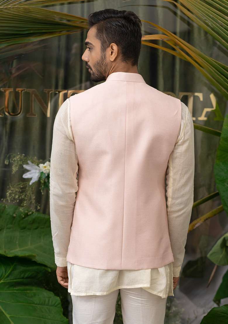 Pink Pearl Embroidered Bundi Jacket For Men - Indya