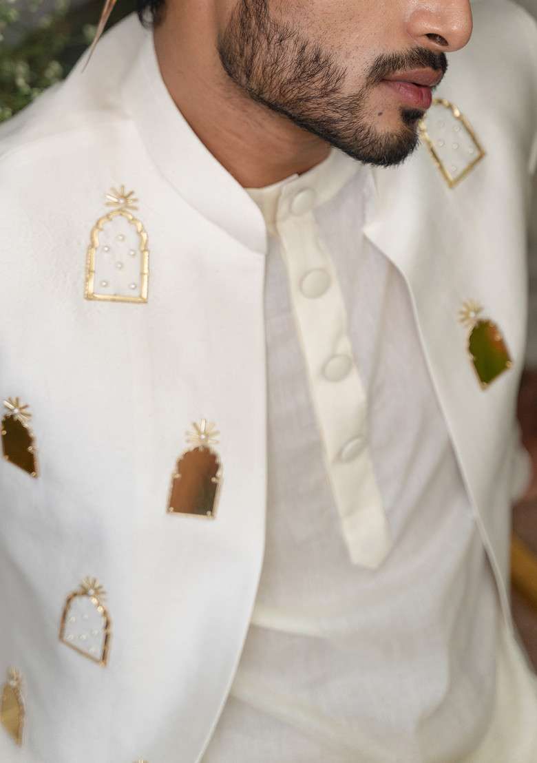 Ivory Khidki Embroidered Bundi Jacket For Men - Indya