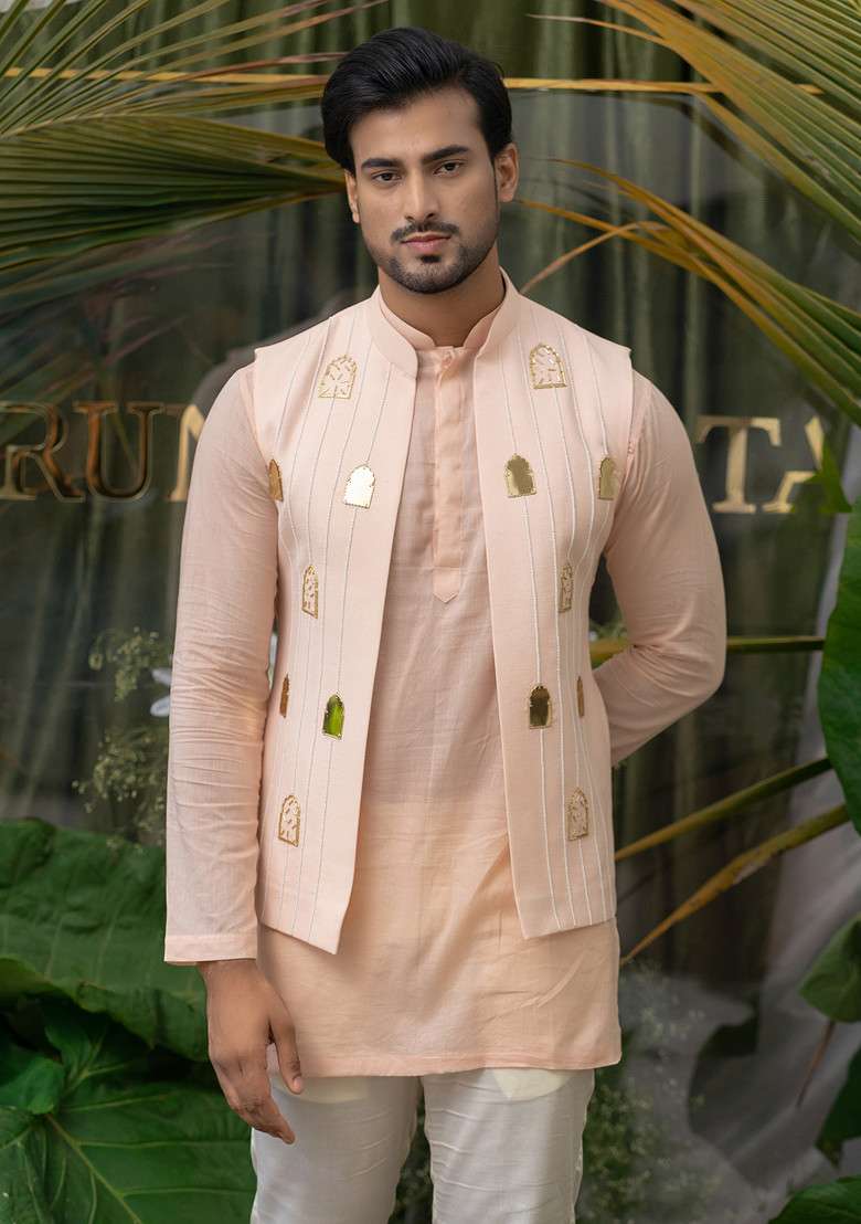 Pink Khidki Embroidered Bundi Jacket For Men - Indya